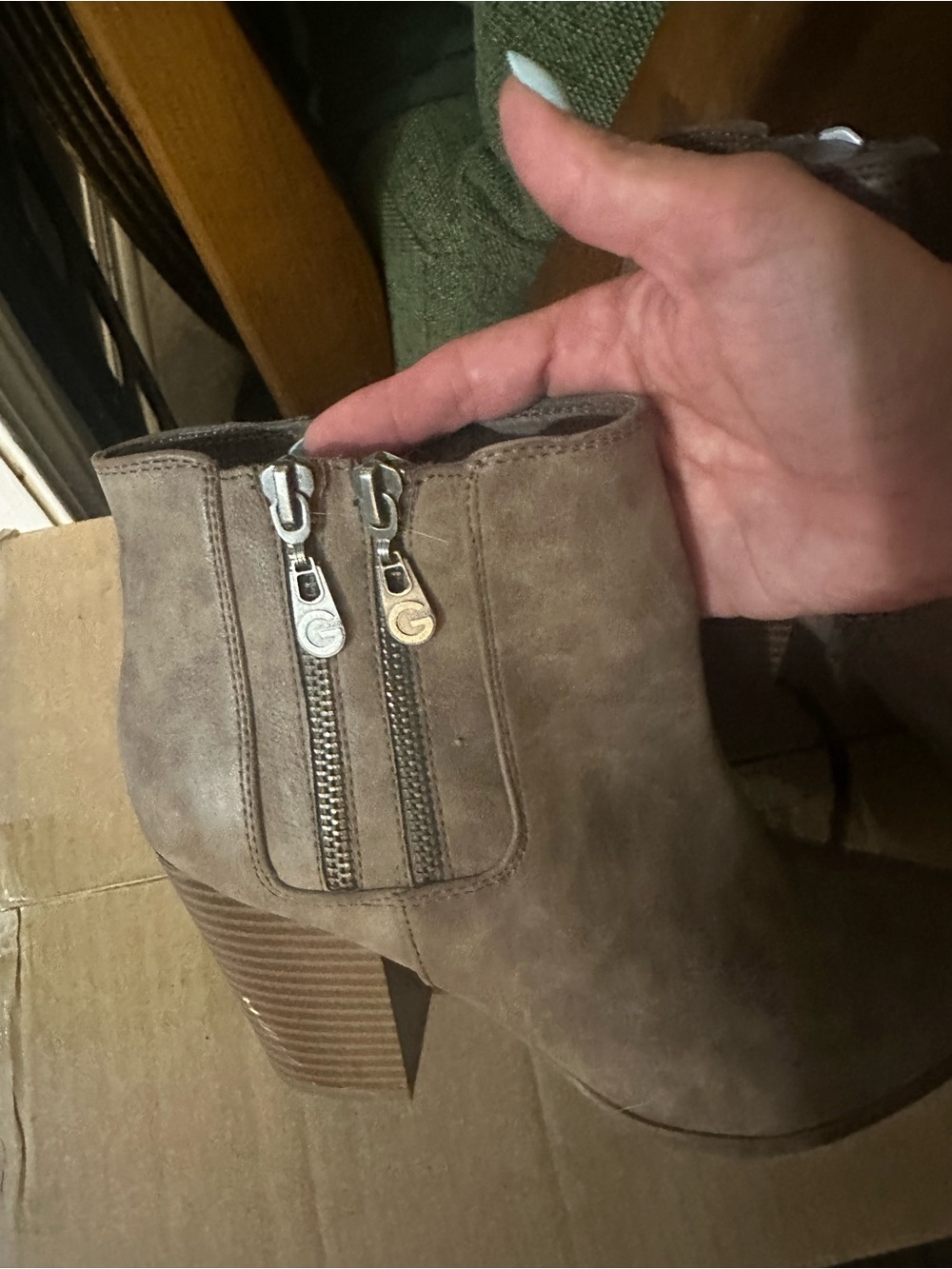 G by Guess Taupe Suede-Look Ankle Booties with Dual Zippers